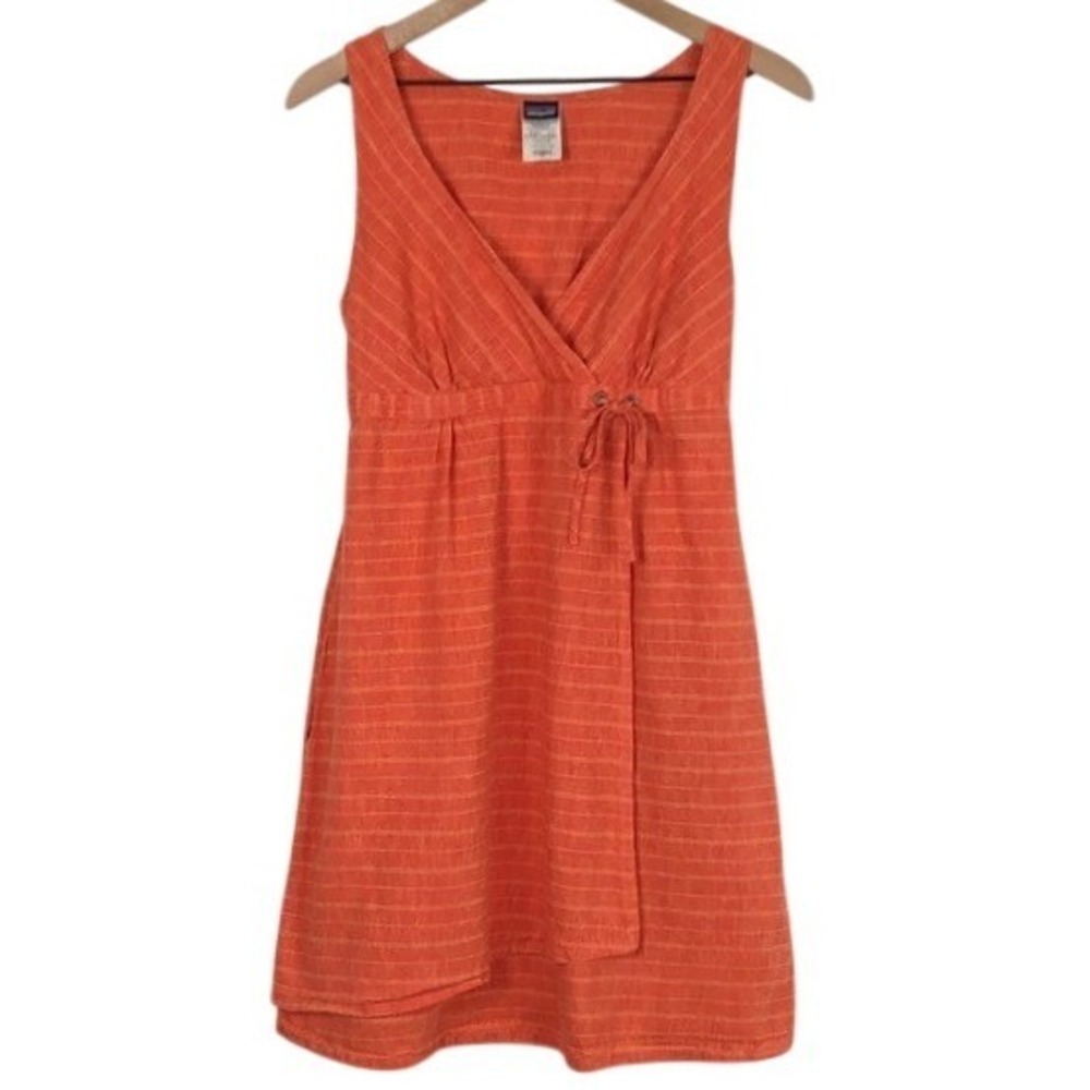 PATAGONIA Organic Cotton Hemp Sleeveless Faux Wrap Dress Sz 6 Orange Stripe